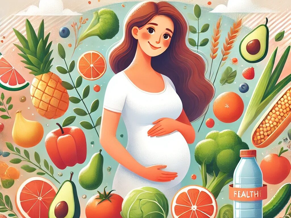 Tehotná žena obklopená zdravými potravinami bohatými na vlákninu